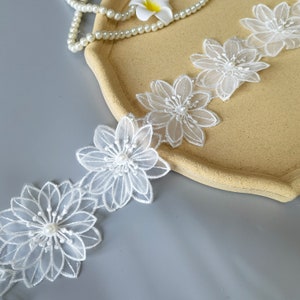Exquisite organza 3D flower lace, pearl beaded trim, white lace trim on the headband, girl dress, scrapbooking embellishment
