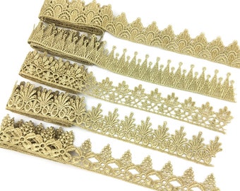 Metalic Gold Lace Trimming Golden Embroidered Lace Edge,Flower Lace Trim, for Wedding ,Craft Making ,Headpiece , 1 Yard