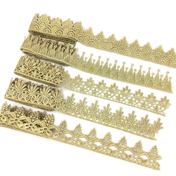 Metalic Gold Lace Trimming Golden Embroidered Lace Edge,Flower Lace Trim, for Wedding ,Craft Making ,Headpiece , 1 Yard