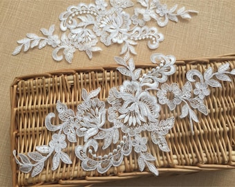 white bridal applique pair, Alencon Lace AppliqueWedding dress