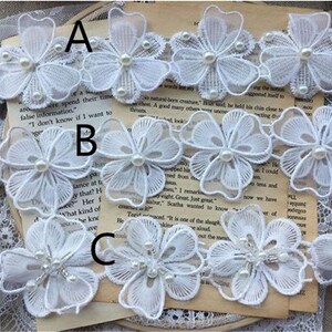 Organza layers flowers applique lace off white flower pearls lace trim for skirts, dresses, scrapbook embellishment