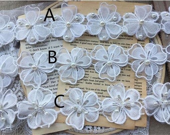 Organza layers flowers applique lace off white flower pearls lace trim for skirts, dresses, scrapbook embellishment