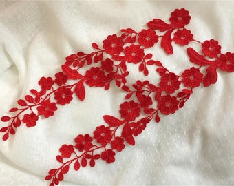 One Pair - Red Flower Appliques Lace for Wedding dress, Lace Garter, Headpiece, Jewelry Design