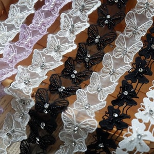 Delicate pearl embroidered butterfly lace trimmed organza butterfly lace applique wedding, scrapbook, doll, embellishment