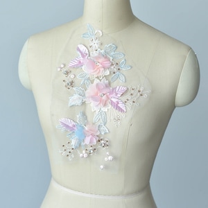 Handmade colorful 3D beaded rhinestone lace applique, bridal lace applique, 3D lace applique, dance apparel wedding applique