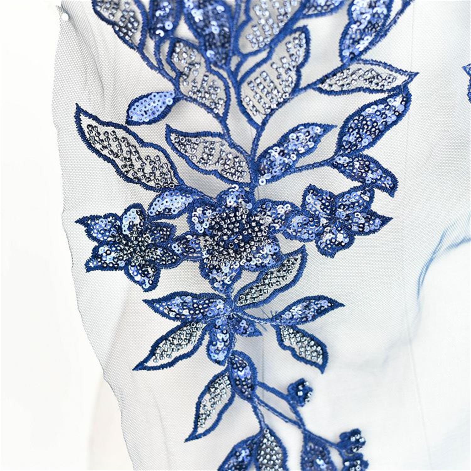 White French Lace Bridal Applique - 8x4 Inch Beaded Sequins Embroidery Motif 2-Piece Set