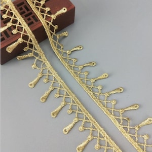 Metallic gold-tone lace-trimmed gold-embroidered lace trim, fringed lace trim for weddings, crafts, collars, 2yard