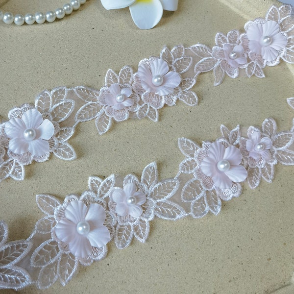 Organza layers flowers applique lace off white flower pearls lace trim for skirts, dresses, scrapbook embellishment