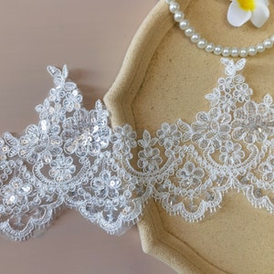 luxury ivory sequins Alencon lace trim, vintage embroidered vintage bridal lace, bridal gown veil lace trim