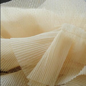 May include: Close-up of a beige pleated fabric with a subtle dotted pattern. The fabric is soft and delicate, with a flowing, layered texture.