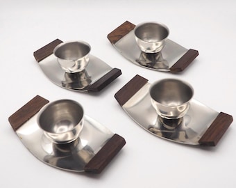 Mid-century stainless steel egg cup with wooden details