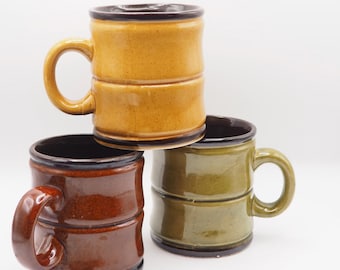 Set of 3 large ceramic cups in intense, shiny earth tones