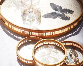 70s design tray with butterfly and fern - round bamboo boho tray