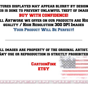 Puede incluir: Una bandera estadounidense roja, blanca y azul con un aspecto desgastado. La bandera est&aacute; superpuesta sobre un fondo blanco con el texto "CartoonFink Etsy" y "Printed in the USA" debajo. El texto "Pictures displayed may appear blurry by design... This is done to prevent unlawful theft of images. Buy with confidence! All artwork we offer on our products are high quality / high resolution 300 DPI images. Your product will be perfect! All images are property of the original artist... Any use or reproduction is strictly prohibited!" est&aacute; por encima de la bandera.