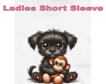 DigiPups Affenpinscher Puppy Dog Monkey Breed Hugging Monkey Stuffed Animal Toy Cartoon Graphic Art Short Sleeve Ladies T Shirt