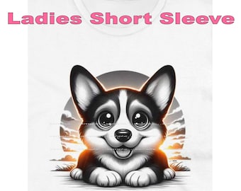 DigiPups Corgi Dog Breed Black And White Portrait In The Sun Funny Cartoon Graphic Art Short Sleeve Ladies T Shirt