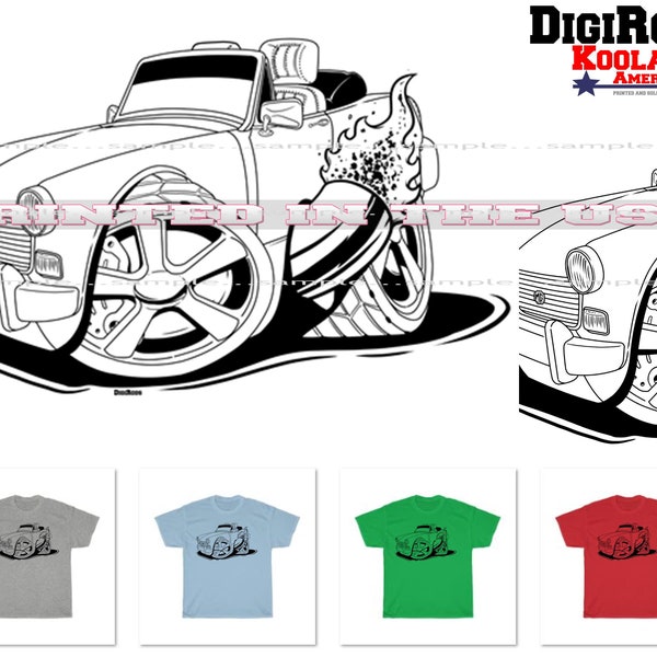 MG Midget Convertible British Import Model Black Sketch Outline DigiRods / Koolart Cartoon Car T Shirt - 4 Colors Available