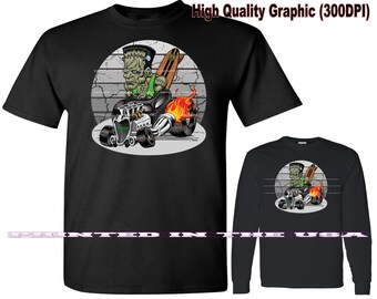 Digirods XRod Xtreme Surfing Frankenstein Monster Race Hot Rod Racer Rat Fink Style Cartoon Car Short Or Long Sleeve Black T Shirt