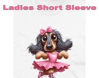 DigiPups Afghan Hound Dog Breed Pink Girl Puppy Ballerina Cartoon Graphic Art Short Sleeve Ladies T Shirt