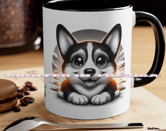 DigiPups Corgi Dog Breed Black And White Portrait In The Sun Funny Cartoon Graphic Art Coffee Cup Mug Set Of 2