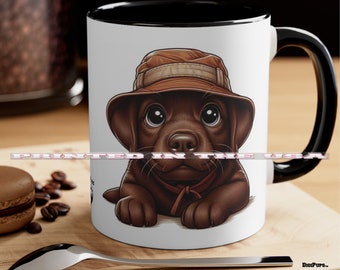 DigiPups Chocolate Lab Labrador Dog Breed Laying Casual In Bucket Hat Funny Cartoon Graphic Art Coffee Cup Mug Set Of 2