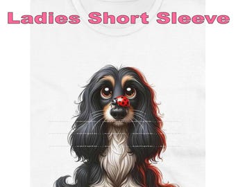 DigiPups Afghan Hound Dog Breed Red Ladybug On Nose Cartoon Graphic Art Short Sleeve Ladies T Shirt