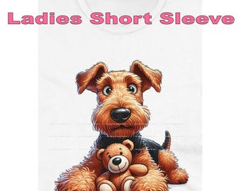 DigiPups Airedale Terrier Puppy Dog Breed Hugging Teddy Bear Stuffed Animal Toy Cartoon Graphic Art Short Sleeve Ladies T Shirt