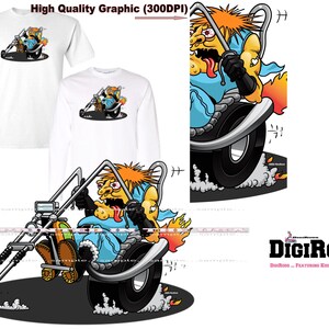 May include: A cartoon illustration of a red-haired person riding a custom motorcycle with flames coming out of the back tire. The person is wearing a blue shirt and jeans. The motorcycle has a chrome frame and a large front wheel. The background is black.