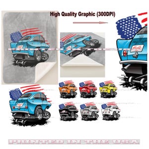 May include: A blue cartoon car with a red, white, and blue American flag in the background. The car has a white license plate with the text "Hang 10". The car is shown in different colors, including orange, red, yellow, black, and white.