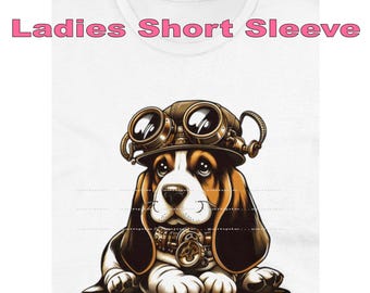 DigiPups Basset Hound Dog Breed Steampunk Sitting Pose Sepia Tone Funny Cartoon Graphic Art Short Sleeve Ladies T Shirt