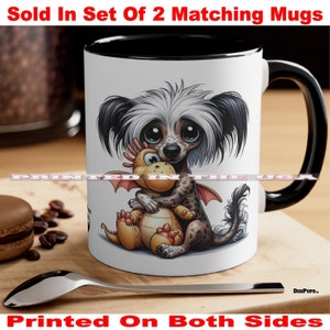 DigiPups Chinese Crested Dog Breed Hugging A Stuffed Dragon Toy Funny Cartoon Graphic Art Coffee Cup Mug Set Of 2