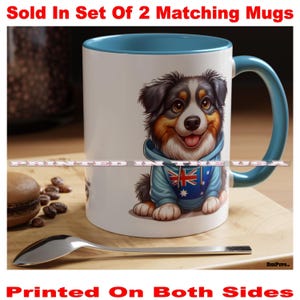 DigiPups Australian Shepherd Dog Breed Sitting Wearing Hoodie Sweatshirt With Australia Flag Cartoon Graphic Art Coffee Cup Mug Set Of 2