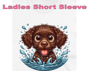 DigiPups American Water Spaniel Dog Breed Playing In The Water Cartoon Graphic Art Short Sleeve Ladies T Shirt