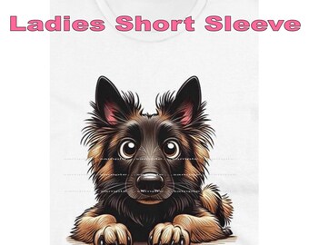 DigiPups Belgian Tervuren Dog Breed Traits Laying Down Portrait Funny Face Cartoon Graphic Art Short Sleeve Ladies T Shirt