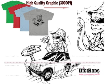 DigiRods Alien ET Space Race Geo Tracker Hot Rod Parking Cartoon Car T Shirt - 4 Colors Available