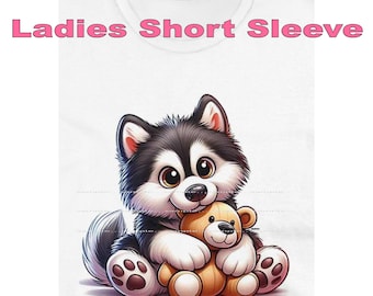 DigiPups Alaskan Malamute Puppy Dog Breed Hugging Teddy Bear Stuffed Animal Toy Cartoon Graphic Art Short Sleeve Ladies T Shirt