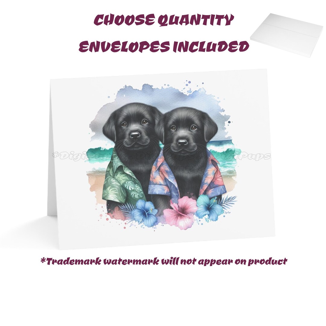 Digipups Black Lab Labrador Puppy Dog Pair Floral Beach Art Sketch Note ...