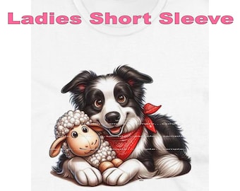 DigiPups Border Collie Puppy Dog Breed Hugging Sheep Stuffed Animal Toy Cartoon Graphic Art Short Sleeve Ladies T Shirt