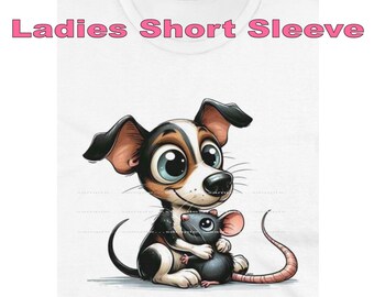 DigiPups Rat Terrier Puppy Dog Breed Hugging Rat Animal Friend Cartoon Graphic Art Short Sleeve Ladies T Shirt