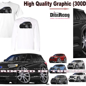 May include: A black Ford Explorer cartoon illustration with a blue oval logo. The car is on a white background with other color variations of the same car. The text "DigiRods" is in the upper right corner of the image.