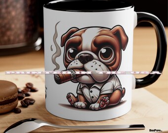 DigiPups Bulldog Bull Dog Breed Gentleman Cigar Smoker Funny Cartoon Graphic Art Coffee Cup Mug Set Of 2