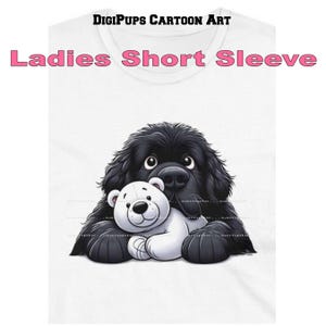 DigiPups Newfoundland Newfie Puppy Dog Breed Hugging Polar Bear Stuffed Animal Toy Cartoon Graphic Art Short Sleeve Ladies T Shirt