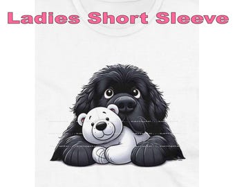 DigiPups Newfoundland Newfie Puppy Dog Breed Hugging Polar Bear Stuffed Animal Toy Cartoon Graphic Art Short Sleeve Ladies T Shirt