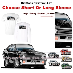 May include: A black and white cartoon illustration of a 1970s Chevrolet Nova SS muscle car. The car has a black hood, black wheels, and a red stripe on the side. The car is shown in front of a white background. The text "NOVA" is on the license plate.