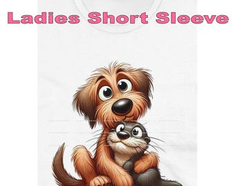 DigiPups Otterhound Puppy Dog Breed Hugging Otter Animal Friend Cartoon Graphic Art Short Sleeve Ladies T Shirt