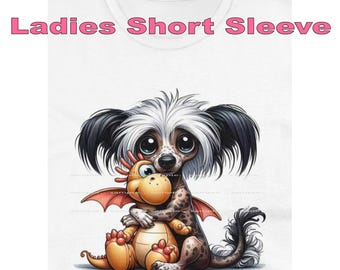 DigiPups Chinese Crested Dog Breed Hugging A Stuffed Dragon Toy Funny Cartoon Graphic Art Short Sleeve Ladies T Shirt
