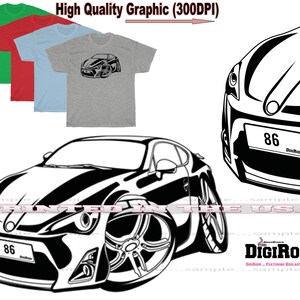 Toyota 86 Compact Sports Car Model Racing Black Sketch Outline DigiRods Cartoon Car T Shirt - 4 Colors Available