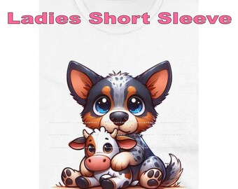 DigiPups Australian Cattle Dog Puppy Breed Hugging Cow Stuffed Animal Toy Cartoon Graphic Art Short Sleeve Ladies T Shirt