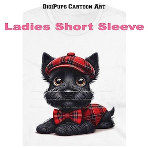 DigiPups Scottish Terrier Puppy Dog Breed Red And Black Plaid Scotland Outfit Cartoon Graphic Art Short Sleeve Ladies T Shirt