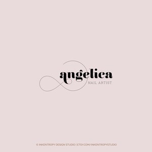 May include: Black and white logo design for a nail artist named Angelica. The logo features the name "Angelica" in a bold, retro font with a stylized infinity symbol.